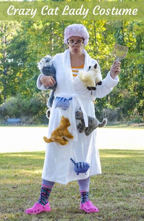 Learn how to create a DIY old crazy cat lady costume for Halloween! Make your costume complete with a kitty litter scoop, fun socks, and Crocs. Fun for kids or for women! Crazy Cat Lady Halloween Costume, Crazy Cat Lady Halloween, Cat Lady Costume, Crazy Cat Lady Costume, Old Lady Costume, Trash Party, Litter Scoop, Kitty Litter, Holloween Costume