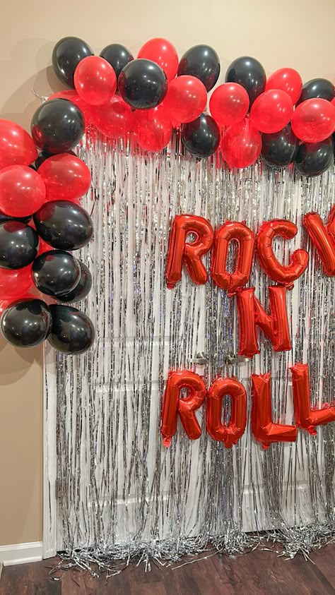 80s Rock Themed Party, Rock And Roll Party Decorations Ideas, Rock And Roll Homecoming Theme, Rock N Roll Bday Party, Rock Theme Party Decoration, Rock And Roll Bachelorette Party Theme, Rock N Roll Party Ideas Decor, Pop Punk Party, Rock Theme Party Outfit