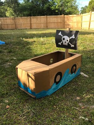 Cardboard Pirate Ship Diy, Pirate Ships Diy, Cardboard Pirate Ship, Vbs Shipwrecked, Ship Diy, Shipwrecked Vbs, Cardboard Boat, Pirate Themed Birthday Party, Carton Diy