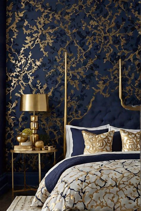 ​ #ad     #Colortrend #wallpaint2024  #color2024  #DIYpainting  ##DIYhomedecor  #Fixhome Navy And Gold Bedroom, Navy Gold Bedroom, Walnut Wood Kitchen, Cherry Wood Kitchen Cabinets, Hale Navy Benjamin Moore, Osb Wood, Bedroom Interior Decor, Solid Wood Kitchen Cabinets, Purple Heart Wood