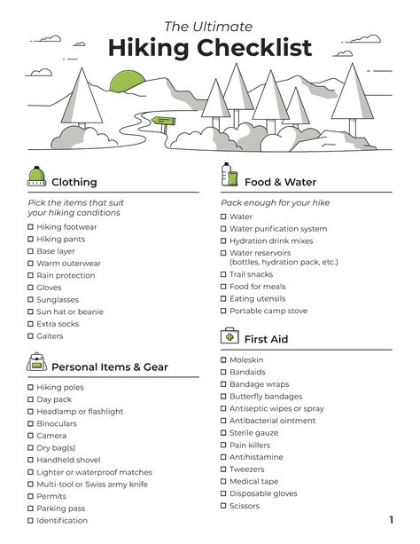 Use our printable hiking checklist to ensure you have everything you need to enjoy and stay safe on your hike. Hiking Tips And Tricks, Mindful Hobbies, Hiking Must Haves, Hiking List, Hiking Packing, Hiking Checklist, Northern Attitude, Kumano Kodo, Water Pick