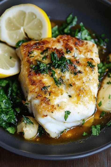 Baked Cod with Lemon and Garlic Whole 30 Cod Fish Recipes, Alaskan Black Cod Recipe, Clean Cod Recipes, Lemon Herb Baked Cod, Easy Baked Fish Recipes Healthy, Baked Honey Marinated Cod, Cod With Spinach And Tomatoes, Side Dishes For Cod Fish Dinners, Cod Filets Recipes