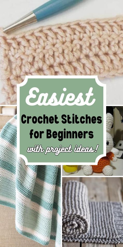 This is a collection of all easy crochet stitches for beginners. You can use these to make blankets or other simple projects. These stitch tutorials include simple stitches like single crochet, half double crochet, double crochet, granny stitch, and textured stitches like the Mini bean stitch. Easy Crochet Stitches Blankets, Single Crochet Only Projects, Crochet Patterns Single Crochet, Beginner Crochet Projects Christmas, Beginning Crocheting, Easy Single Crochet Projects For Beginners Free Pattern, 1 Stitch Crochet Blanket, Very Easy Crochet For Beginners, Crochet Projects For Absolute Beginners