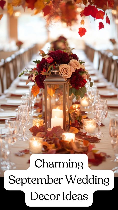 Elegant September wedding decor featuring warm autumn colors, rustic touches, and seasonal florals to create a cozy fall celebration. September Wedding Ideas Rustic, Fall Indoor Wedding Ideas, Fall Wedding Set Up, Rustic Wedding Decor Fall, Autumn Wedding Ideas November, Autumn Wedding Ideas September, Rustic Fall Wedding Centerpieces Diy, Early Fall Wedding Ideas, Autumn Wedding Table Settings