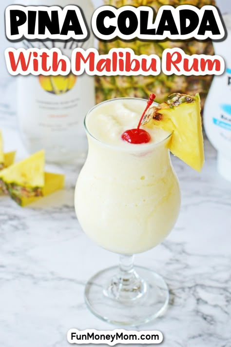 Pina Colada With Malibu Rum, Frozen Pina Colada Recipe Malibu, Pina Colada Recipe In A Pineapple, Best Pina Colada Recipe Frozen, Mix Drink With Malibu Rum, Pina Colada Mix, Coconut Daquiri, Coconut Rum Slush Recipe, Tropical Pina Colada