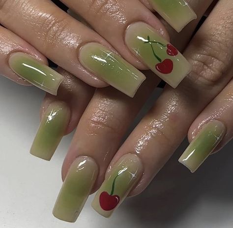 Nail Art Cherry, Colors Nails, Green Nail Art, Cherry Nails, Green Nail, Green Nails, Nail Inspo, Nail Colors, Cherry