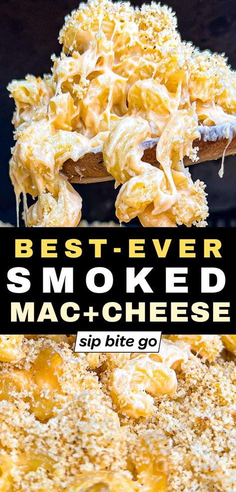 You’ve never tried a smoker side dish so tasty!! This Traeger smoked mac and cheese is loaded up with gouda, cream cheese, cheddar, gruyere, and a crispy panko topping. And I share how to add bacon on top, too… Let’s smoke it… | sipbitego.com Smoker Side Dish, Mac And Cheese With Gouda, Smoker Mac And Cheese, Gouda Recipe, Smoked Dishes, Traeger Cooking, Pellet Smoker Recipes, Smoked Mac And Cheese, Traeger Grill Recipes