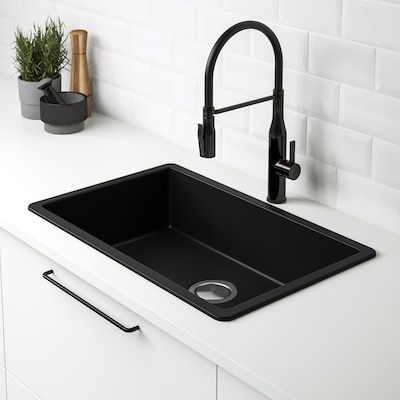 Black Sink Kitchen, Ikea Canada, Fitted Cabinets, Black Kitchen Sink, Black Sink, White Counters, Inset Sink, Kitchen Sink Accessories, Single Bowl Sink