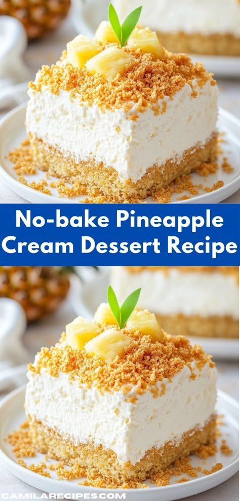 "Looking for a refreshing treat? This No-bake Pineapple Cream Dessert is a delightful blend of tropical flavors that requires minimal effort. It's a perfect, easy dessert recipe for family gatherings or summer picnics. Pineapple Surprise Dessert, No Bake Pineapple Dream Dessert Recipe, Pineapple Whip Cream Dessert, Whipped Pineapple Dessert, Cold Pineapple Desserts, Pineapple Cool Whip Pie, Light And Fluffy Dessert Recipes, Dessert Recipes Easy Quick No Bake, Cool Whip Pineapple Dessert