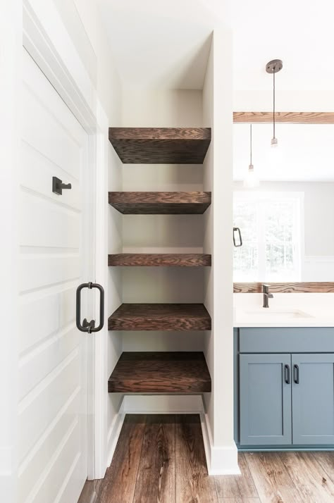 Bathroom Open Closet Shelving, Bathroom Closet Floating Shelves, Bathroom Deep Shelves, Open Bathroom Storage Shelves, Open Wooden Shelves Bathroom, Open Bathroom Storage Ideas, Deep Open Shelving Bathroom, Deep Shelves In Bathroom, Linen Closet For Small Bathroom