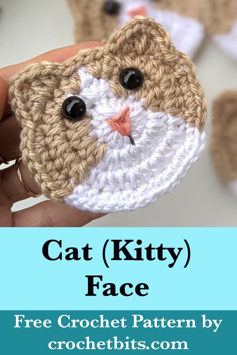 Crochet a sweet kitty face with this fun pattern! Perfect for adding a cute touch to bags, keychains, or decor, this kitty face pattern is easy to customize with colors and expressions. Bring your love for cats to life, stitch by stitch! 🐱💖 

#crochetcatface #crochetcat #crochetkitty #crochetdecor #crochet #crochetpattern Crochet Cat Brooch Free Pattern, Crochet Cat Nose Free Pattern, Crochet Cat Apliques, Crochet Animal Faces, Crochet Cat Face Pattern, Crochet Cat Head Free Pattern, Crochet Cat Applique Pattern Free, Crochet Costers Ideas, Crochet Cat Keychain Pattern Free