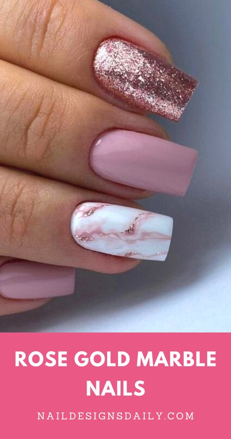 Pink With Marble Nails, Pink And Rose Gold Nail Ideas, Rose Pink Nails Design, Light Pink Nails Marble, Pink And White Nail Art Designs, Blush Pink Nail Ideas, Rose Gold Flakes Nails, Rose Marble Nails, Trending Gel Nails 2023