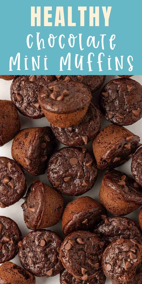 These easy healthy chocolate mini muffins are great for kids! They’re made with greek yogurt and have double the chocolate! Lunchbox Muffins For Kids, Easy Breakfast Muffins For Kids, Healthy Cupcake Recipes For Kids, Toddler Chocolate Muffins, Mini Muffins For Kids Healthy, Homemade Mini Muffins Kids, Healthy Chocolate Mini Muffins, Mini Chocolate Muffins For Kids, Double Chocolate Mini Muffins