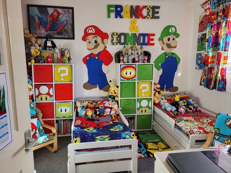 Mario And Luigi Room Decor, Super Mario Brothers Bedroom Ideas, Super Mario Bedroom Decor, Super Mario Bedroom Ideas Themed Rooms, Mario Bro Bedroom Themed Rooms, Mario And Luigi Bedroom Ideas, Mario Brothers Bedroom Ideas, Super Mario Themed Bedroom, Super Mario Kids Room