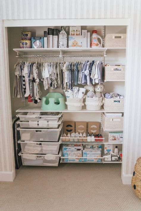 Small Dinosaur Nursery, Nursery Ideas Furniture, Nursing Area In Bedroom, Gender Neutral Nursery Gray Walls, Nursery Blanket Storage Ideas, Storage For Closets Organizing Ideas, Simple Nursery Wall Decor, Functional Nursery Ideas, Nursery Armoire Organization