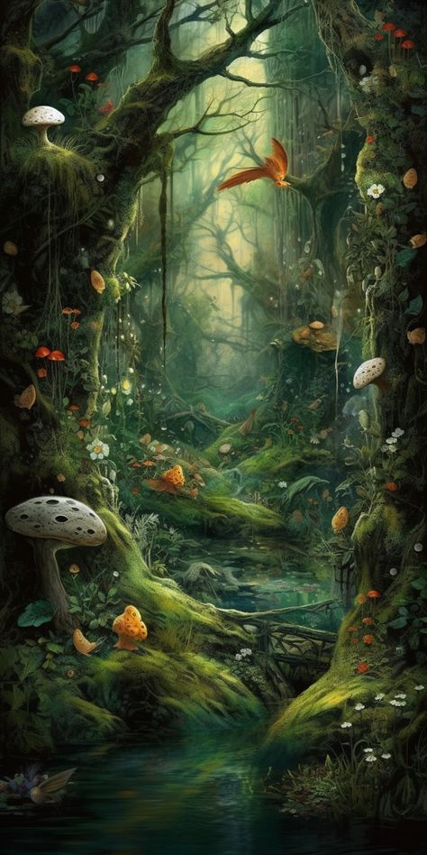 Enchanted Forest Astetic, Forest Fairies Aesthetic, Fairies In Forest, Mythical Mushroom Forest, Fairy Realm Fantasy Art, Mystical Garden Magical Forest, Mystical Nature Art, Fairy Woods Mystical Forest, Mystical Forest Creatures