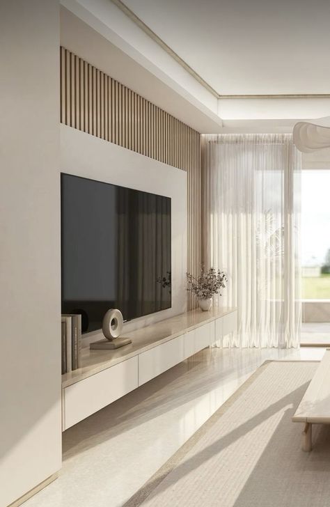 Japandi Inspired Home, Ideal House Modern, Scandinavian Tv Wall Design, Modern Living Room Decor Cozy, Tv Unit Minimal, Tv Wall Japandi, Japandi Tv Unit, Tv Furniture Ideas, Minimal Tv Wall Design