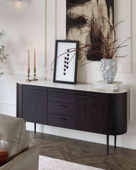 Offering a fusion of style and convenience, the large black ash Manhattan sideboard has a luxurious marbled ceramic top and adjustable storage shelves. Shop now. Organic Modern Living Room, Organic Living Room, Earthy Living Room, Contemporary Sideboard, Japandi Living, Spring Furniture, Beige Living Rooms, Small Sideboard, Black Sideboard