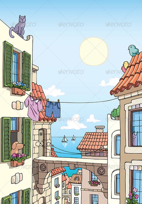 Old City Near the Sea  #GraphicRiver         Old Mediterranean city buildings with tile roofs and the sea view at the distance.  	 Includes: the Illustrator 8.0 editable vector EPS file and the Hi-res JPG .  	 Please rate it if you like it!     Created: 1October12 GraphicsFilesIncluded: JPGImage #VectorEPS Layered: No MinimumAdobeCSVersion: CS Tags: ancient #architecture #bay #buildings #cartoon #cat #city #dog #europe #exterior #facade #flowers #house #illustration #mediterranean #narrow #old # Cartoon Town, Mediterranean City, Town Drawing, House Cartoon, Cartoon House, City Cartoon, Building Illustration, City Drawing, Background Drawing