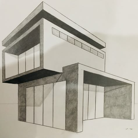 Modern House Architecture Design Drawing, Architecture Simple Drawing, Arcitechture Simple Drawing, 2point Perspective Drawings, Two Point Perspective House, House Design Drawing Sketch, Interior Design Sketches Perspective, Perspective Graphic Design, Perspective Architecture Drawing