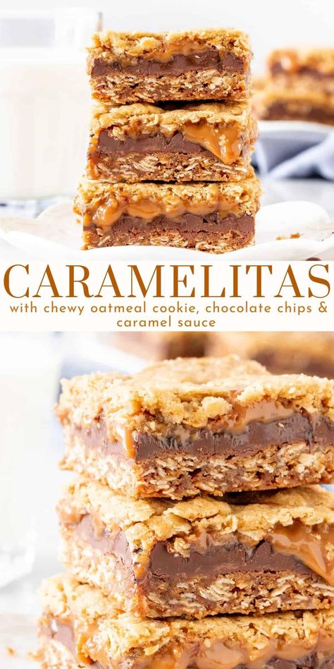 Carmelitas Recipe 9x13, Carmel Desserts, Carmelitas Recipe, Oatmeal Cookie Dough, Chewy Oatmeal Cookie, Caramel Oatmeal, Cookie Squares, Oatmeal Crumble, Caramel Cookies Bars