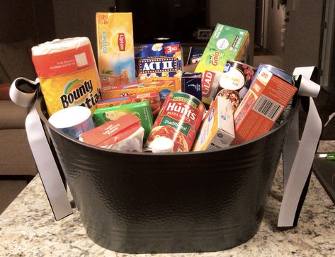 Stock the pantry gift basket idea Stock The Pantry Gift Ideas, Grocery Shower Gift Ideas, Stock The Pantry Shower Gift Ideas, Pantry Party Gift Ideas, Pounding Shower Ideas, Stock The Pantry Shower Ideas, Pantry Shower Ideas, Stock The Pantry Shower, Crawfish Boil Wedding