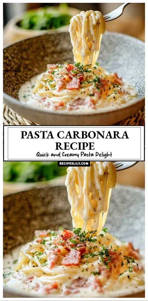 I love making this creamy Pasta Carbonara that comes together in no time! With rich flavors and a hint of smoky bacon, it’s the perfect comfort food. Each twirl of pasta is coated in a luscious sauce that makes every bite a delight. Definitely a quick and satisfying meal for any weeknight! Carbonara Pasta Without Bacon, Broccoli Carbonara Pasta, Pasta Dish With Bacon, Spaghetti Carbonara Creamy, Salmon Carbonara Pasta, Pancetta Carbonara Pasta, Carba Nada Pasta Recipes, Trofie Pasta Recipes, Cabanara Pasta