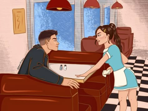 The Deal Fanart, Offcampus Series, The Deal Book, Hannah And Garrett, Diner Scene, Campus Aesthetic, Off Campus Series, Book Couples, Book Fan Art