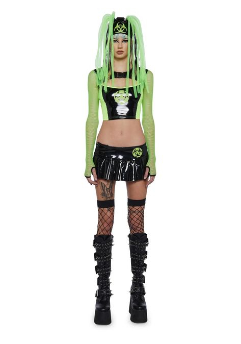 Toxic Waste Costume, Black And Green Rave Outfit, Neon Green Outfit Aesthetic, Biohazard Costume, Cool Rave Outfits, Rave Outfit Neon, Alien Rave Outfit, Halloween Rave Costumes, Neon Punk Fashion