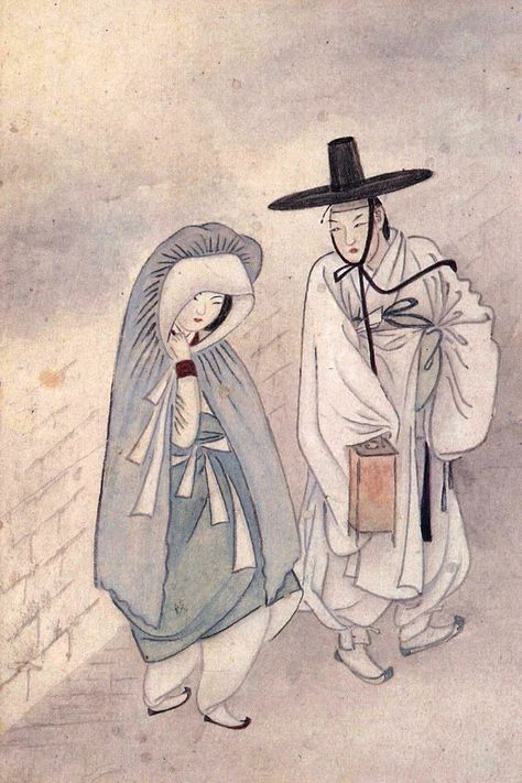 Korean Couple Aesthetic, Korean Watercolor, Vintage Asian Art, Korean Illustration, Korean Painting, Art Chinois, Korean History, Aesthetic Korean, Korean Hanbok