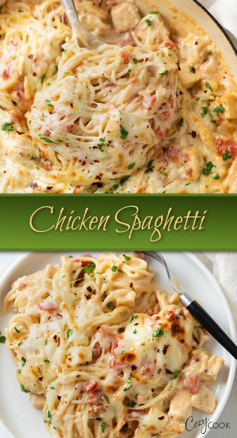 chicken spaghetti in a skillet Cozy Cook Chicken Spaghetti, Chicken Parm Noodles, Bake Chicken Spaghetti Recipe, Health Spaghetti Recipes, Million Dollar Chicken Spaghetti Recipe, Easy Dinner With Spaghetti Noodles, Easy Dinner Recipes With Leftovers, Mexican Chicken Spaghetti Casserole, Chicken Spaghetti Alfredo Recipes