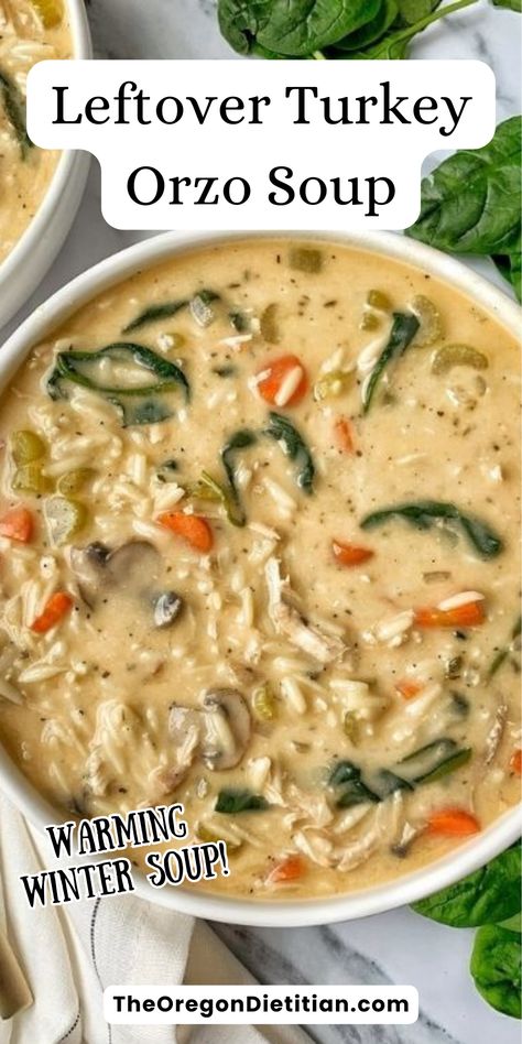 My Creamy Turkey Orzo Soup is the perfect way to enjoy your leftover turkey from Christmas. This hearty soup is packed with tender turkey, vegetables, orzo pasta, and a creamy broth that is sure to warm you up on a cold winter's day. The flavors of the turkey and vegetables meld together to create a delicious and comforting winter soup. Serve it with a side of crusty bread for a complete meal. #healthyrecipes #leftoverturkey #wintersoups #comfortfood Turkey Orzo Soup, Turkey Orzo, Shredded Roast, Healthy Delicious Soups, Best Christmas Food, Orzo Soup Recipes, Creamy Pumpkin Soup, Turkey Soup Recipe, Hearty Vegetable Soup