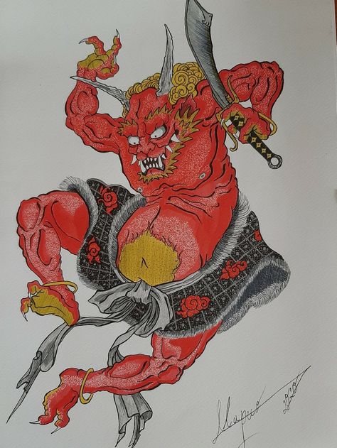 Oni Yokai Art, Traditional Japanese Demon Art, Japanese Oni Tattoo Sleeve, Traditional Japanese Yokai Art, Oni Traditional Art, Japanese Demon Tattoo Traditional, Japanese Monster Tattoo, Japanese Tattoo Art Traditional Sleeve, Oni Japanese Tattoo