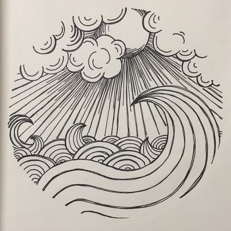 circle, ocean, sea, sky, clouds, sun Sun And Ocean Drawing, Go With The Flow Illustration, Beach Doodle Art, Sky And Sea Tattoo, Doodle Art Ocean, Beach Zentangle, Zentangle Sky, Tattoo Mar Ocean, Drawing Of Ocean