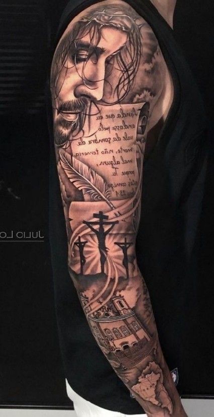 Life Story Tattoo Sleeve, Jesus Sleeve Tattoos For Women, Godly Tattoos For Men Sleeve, Christian Sleeve Tattoo Men, God Tattoos For Women Half Sleeves, Jesus Forearm Tattoo, Jesus Tattoo Sleeve, Religious Tattoo Sleeves, Angle Tattoo