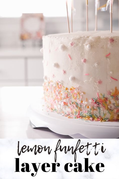 Confetti Layer Cake, Lemon Confetti Cake, Lemon Funfetti Cake, Kid Cake Flavors, Lemon Cake Birthday, Birthday Lemon Cake, Funfetti Layer Cake, Birthday Cake Lemon, Girls Cake Ideas