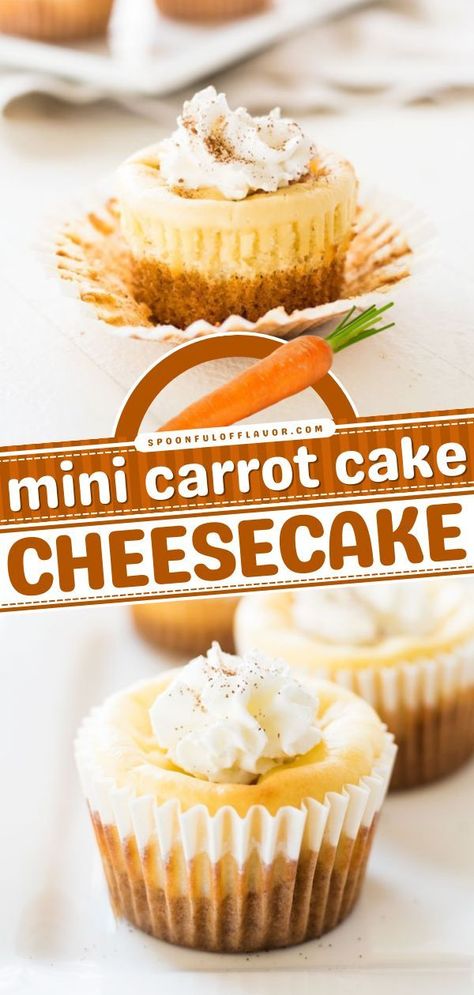 Cheesecake Recipes Thanksgiving, Carrot Cheesecake Recipe, Thanksgiving Desserts Cheesecake, Carrot Cake Dessert, Carrot Cake Cheesecake Recipe, Carrot Cheesecake, Carrot Desserts, Mini Carrot Cake, Individual Cheesecakes