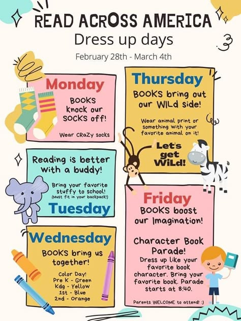 Read Across America Activities Preschool, Literacy Night Preschool, Read A Thon Ideas Schools, Red Across America Week, School Wide Reading Activities, Reading Spirit Week Ideas, Reading Dress Up Days, School Readathon Ideas, Love Of Reading Week Ideas