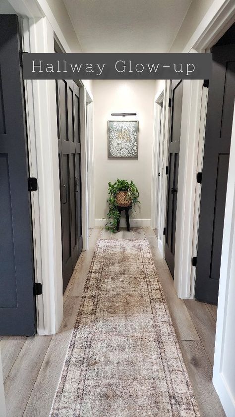 Rachel | DIY & Design | Hallway Glow-up, Mission Accomplished ✨️ It's now been six months since I painted the first door in our hallway. I admit, I was a bit… | Instagram Hallway Doors Ideas, Dark Entryway Paint Colors, End Of Hallway Wall, Wainscoting Hallway Ideas, Painted Hallway Doors, Windfresh White, Moody Hallway, Accent Hallway, End Of Hallway Decor