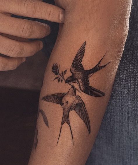 Bird Inner Arm Tattoo, Vintage Items Tattoo, Swallow Hand Tattoo Women, Swooping Bird Tattoo, Wounded Bird Tattoo, Different Bird Tattoos, Male Bird Tattoo, Swallow Tattoo Placement, Mother Daughter Tattoos Birds