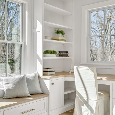 Finnegan Development on Instagram: "White oak built-in desks, shelving, and a spacious window seat make this light-filled office the perfect work-from-home or homework spot. Our latest Lexington project. Listed by @deborahfogartyhomes Beautifully crafted homes for life #finnegandevelopment #newconstruction #luxuryhomes #lexingtonma #concordma #westonma #wellesleyma" Window Seat With Desk, Window Seat Desk, Window Seat With Bookshelves, Coastal Design Style, Cottage Aesthetic, Boy Rooms, Girl Bedrooms, Instagram White