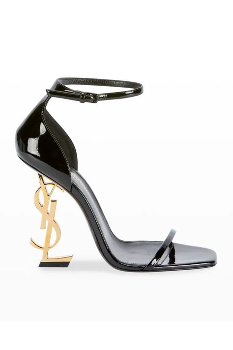 X4CKV Saint Laurent Opyum YSL Logo-Heel Sandals with Golden Hardware Ysl Sandals, Dr Shoes, Ysl Heels, Yves Saint Laurent Shoes, Ysl Shoes, Saint Laurent Shoes, Ankle Strap Pumps, Strap Pumps, Patent Leather Heels