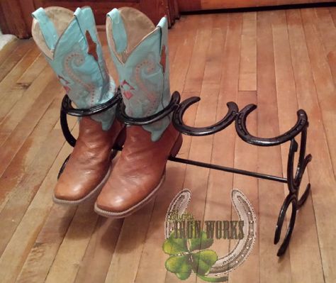 2 Pair Horseshoe Boot Rack | Etsy Horseshoe Boot Rack, Old Cowboy Boots, Boot Shoe Rack, Boot Holder, Art Fer, Horseshoe Projects, Boot Rack, Boot Storage, Horseshoe Crafts