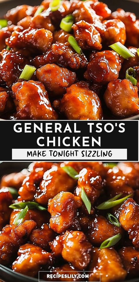 Elevate your dinner game with this homemade General Tso's Chicken recipe! Crispy chicken pieces are perfectly coated in a savory and slightly sweet sauce that packs a punch. Perfectly paired with steamed rice and vibrant veggies, this dish is a favorite in any household. Whether you're feeding a crowd or enjoying a cozy night in, this meal is sure to impress. Get ready to bring a taste of takeout magic right to your kitchen! Chinese Food Recipes General Tso, Asian Chicken Over Rice, Real Housemoms Recipes, General Tso Sauce Recipe Easy, Chinese Food General Tso Chicken, Best Chinese Food Recipes At Home, Crispy Scallion Chicken, How To Make General Tso Chicken, Simple Asian Dishes