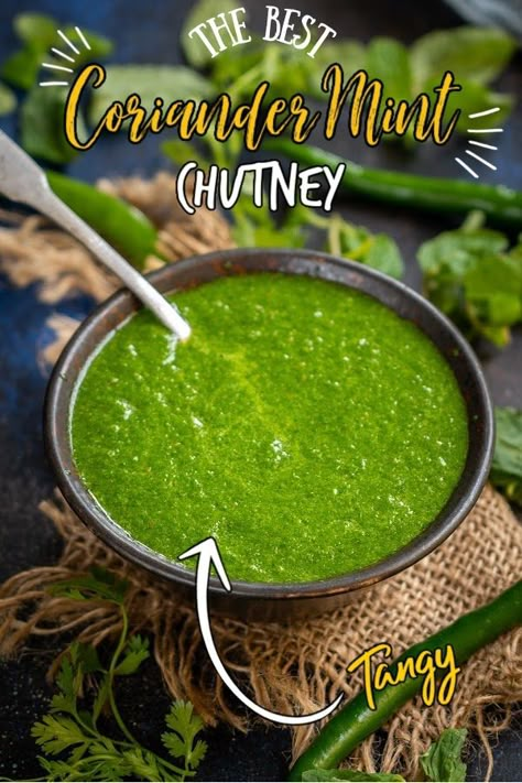 This tangy and spicy Green Chutney (Mint Coriander Chutney, Cilantro Mint Chutney, Indian Green Sauce) is the perfect accompaniment to serve with appetizers or Indian meals. Coriander Mint Chutney Indian, Indian Green Sauce Spicy, Cilantro Mint Chutney Indian, Cilantro Mint Chutney, Mint Sauce Indian, Mint Coriander Chutney, Mint Chutney Indian, Indian Green Chutney, Indian Mint Chutney