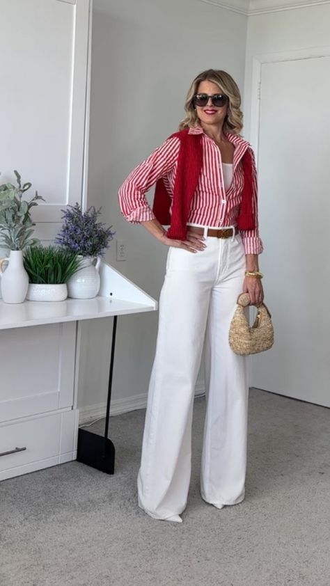 Women's High Rise Wide Leg Jean curated on LTK Summer Look Outfit Ideas, Red Outfit Women Casual, Casual Suit Outfits Women, Red White Outfits For Women, 2024 Looks Women, Red And White Casual Outfit, Red And White Shirt Outfit, Red And White Outfit Classy, White Bottoms Outfit