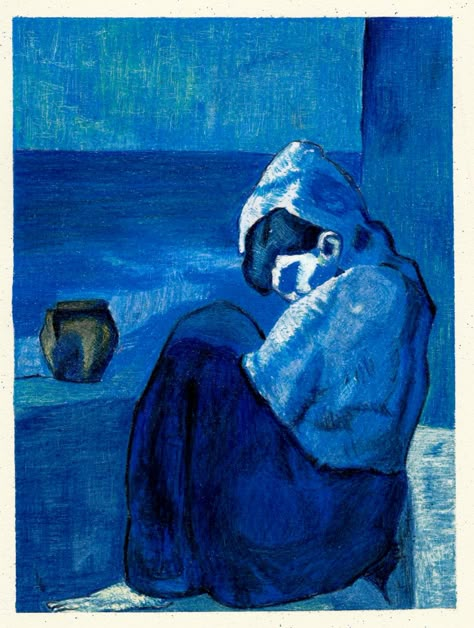 Tried to create a painting using Prismacolor pencils. I choose a painting by Pablo Picasso from his blue period. Crouching Woman, Picasso Blue Period, Picasso Artwork, Picasso Blue, Cubist Movement, Pablo Picasso Art, Pablo Picasso Paintings, 25 October, Stage Designer