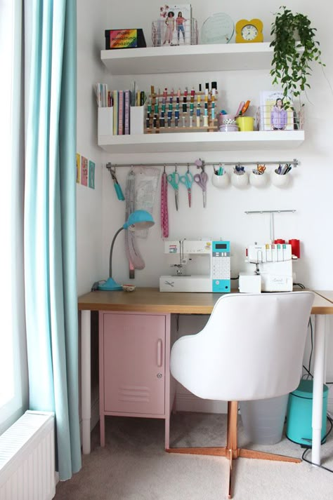 Cute Sewing Room Ideas, Small Sewing Space In Living Room, Bedroom With Sewing Area, Sewing Setup Small Space, Tiny Sewing Spaces, Mini Sewing Room, Small Sewing Space Organization, Sewing Space In Living Room, Small Sewing Space In Bedroom