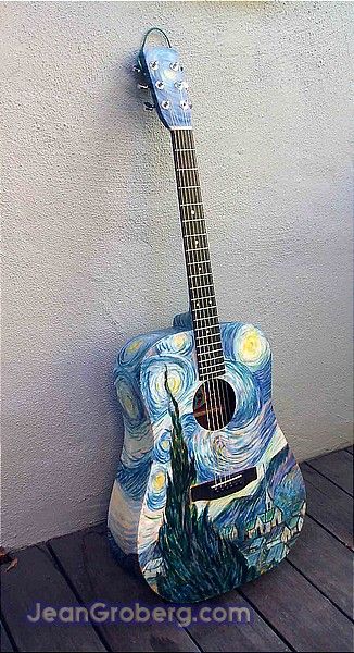 Painted Guitars, فنسنت فان جوخ, Ukulele Art, Instruments Art, Starry Night Painting, Guitar Painting, Arte Van Gogh, The Starry Night, Beautiful Guitars