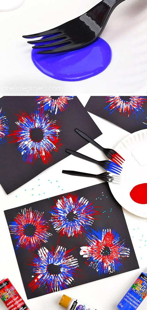 Fork Painted Fireworks 4th Of July Craft For Kindergarten, Salt And Glue Fireworks, Painting Crafts For Kindergarten, Fork Painted Fireworks, Baby Firework Craft, Forth Of July Arts And Crafts, 4 Of July Preschool Crafts, Firework Projects For Kids, Crafts For Kids Fourth Of July